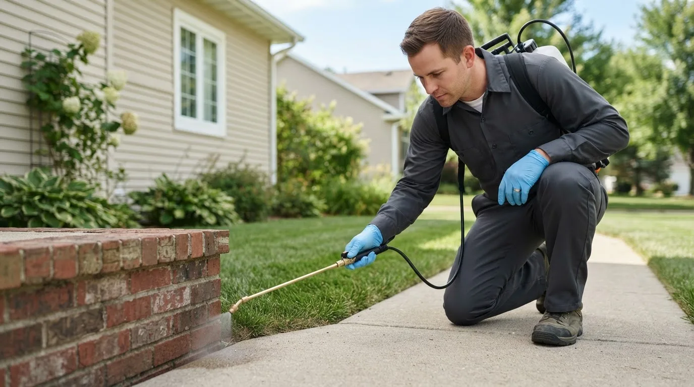 Pest control technician treating a home near Dresden, NY